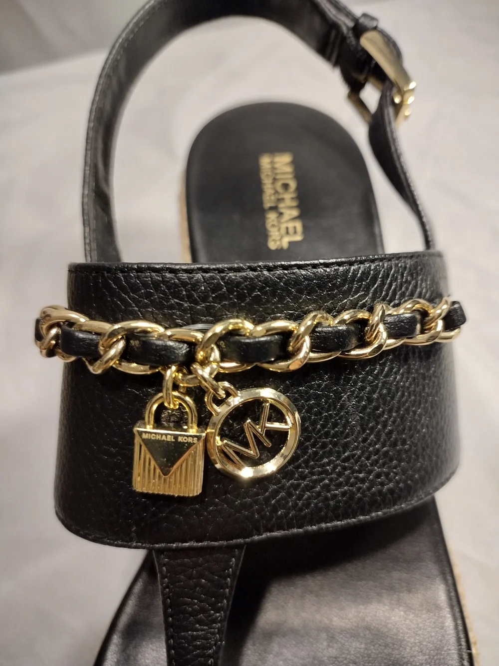 Michael Kors Black Leather Chain-Accent Espadrille Sandals